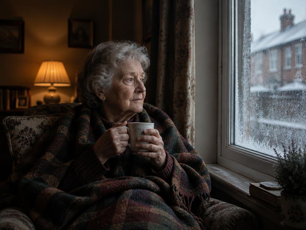 An older woman wrapped in a blanket beside a frosted window