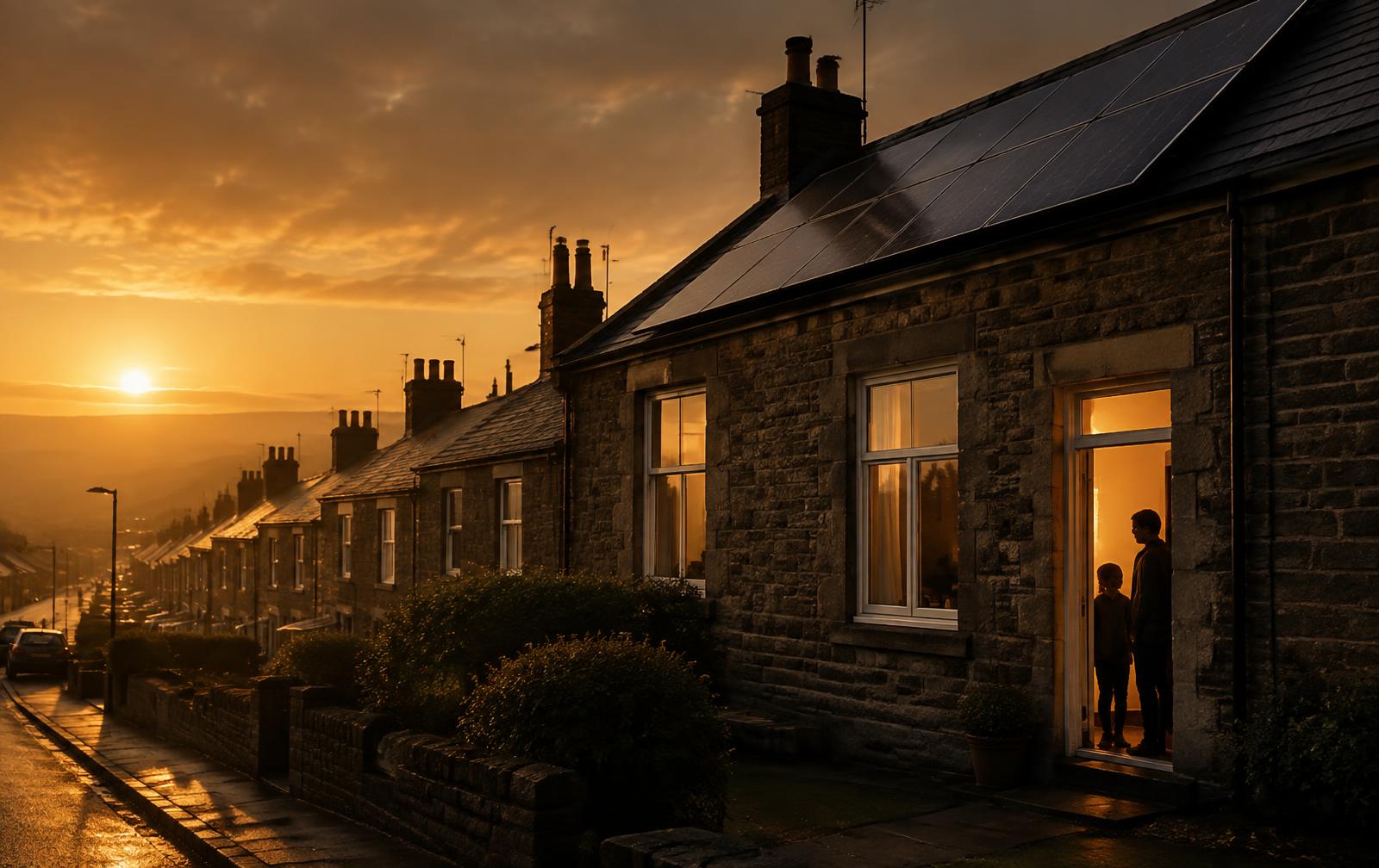 A family home with solar panels at dusk