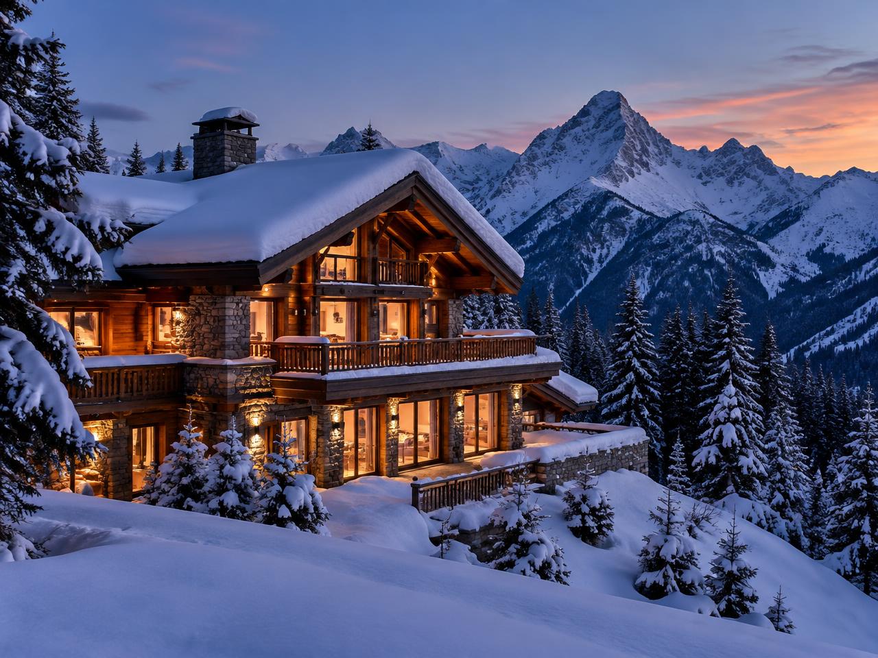 Warmly lit alpine chalet in deep snow at dusk with mountain peaks behind