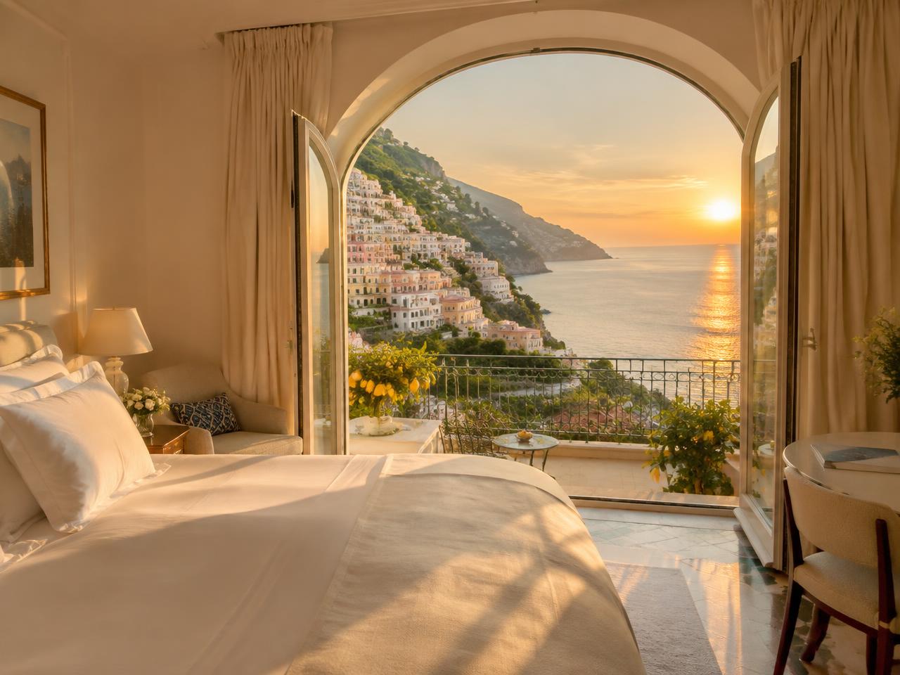 Bright suite with an arched window opening onto the sea at sunset